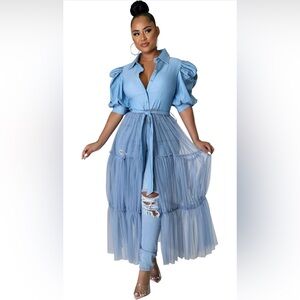 Elegant Blue Tulle Midi Skirt